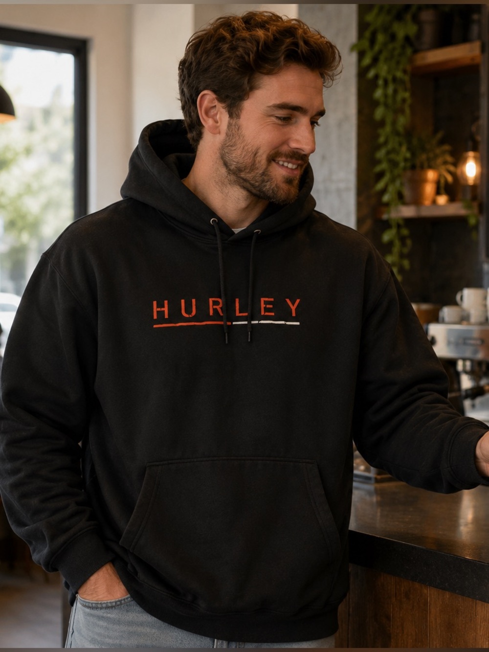 🌸 Hurley Black Hoodie with Burnt Red and White Accent